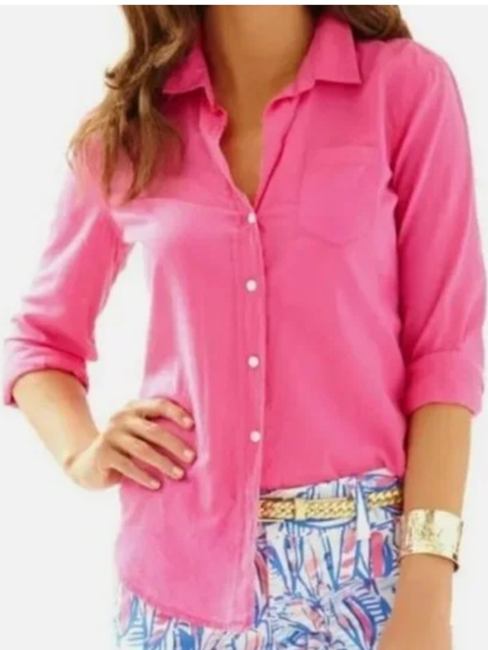 Lilly Pulitzer Shirt Cotton Small Anna Maria Pink Palm Beach Button Up Preppy - Picture 9 of 10